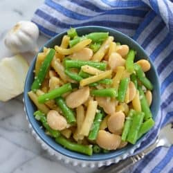 three bean salad in a blue bowl