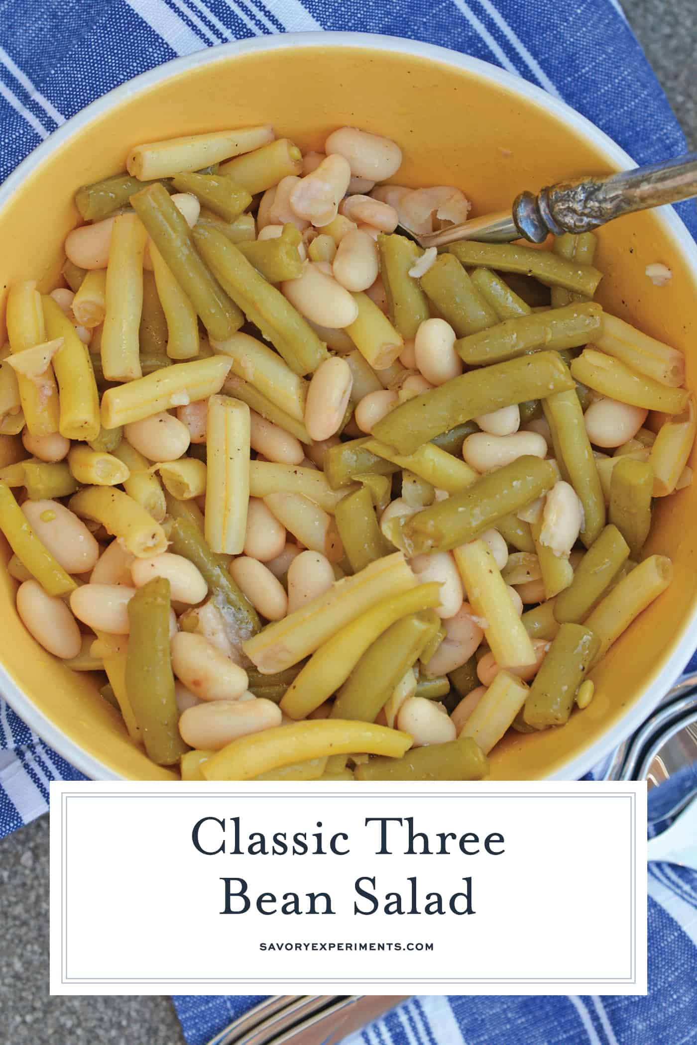 Classic Three Bean Salad is the perfect BBQ side dish. This easy, make-ahead dish is always a hit and perfect for potlucks too! #threebeansalad www.savoryexperiments.com