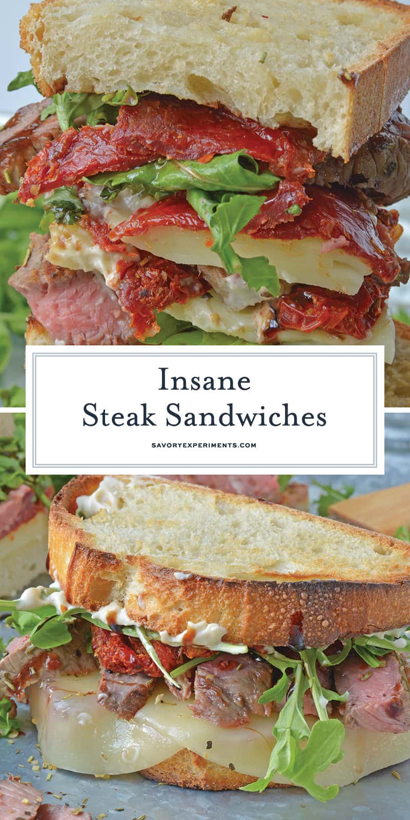 Insane Steak Sandwiches are gourmet sandwiches, seasoned to perfection with zesty Italian herbs and toppings. The best steak sandwich recipe ever! #steaksandwiches #gourmetsandwiches www.savoryexperiments.com 