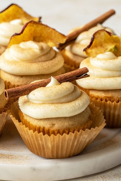 angle view of spice cakes with cream cheese frosting