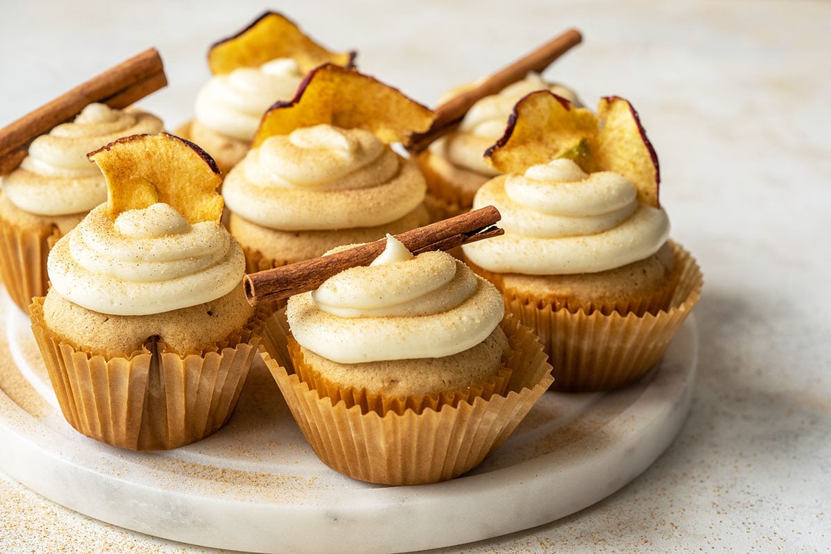 angle view of spice cakes with cream cheese frosting