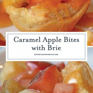 Caramel Apple Bites with Brie are a quick apple tart recipe using puff pastry. The best mix between mini caramel apples and salted caramel apple pie! #caramelapplebites #minicaramelapples www.savoryexperiments.com