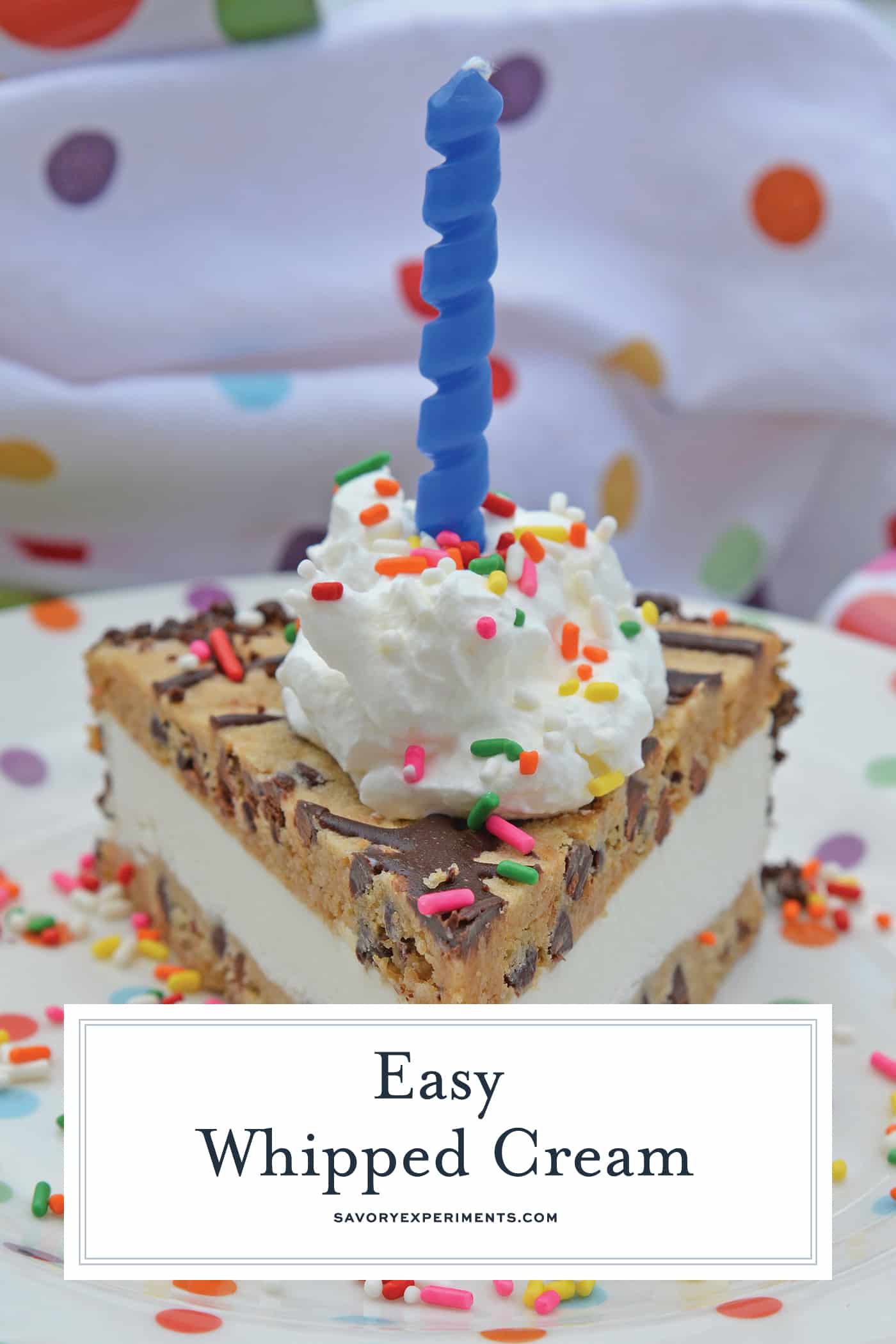 Easy Whipped Cream is a 3-ingredient recipe for whipped cream from scratch. Perfect for topping ice cream cake and other desserts! #homemadewhippedcream #whippedcreamfromscratch www.savoryexperiments.com