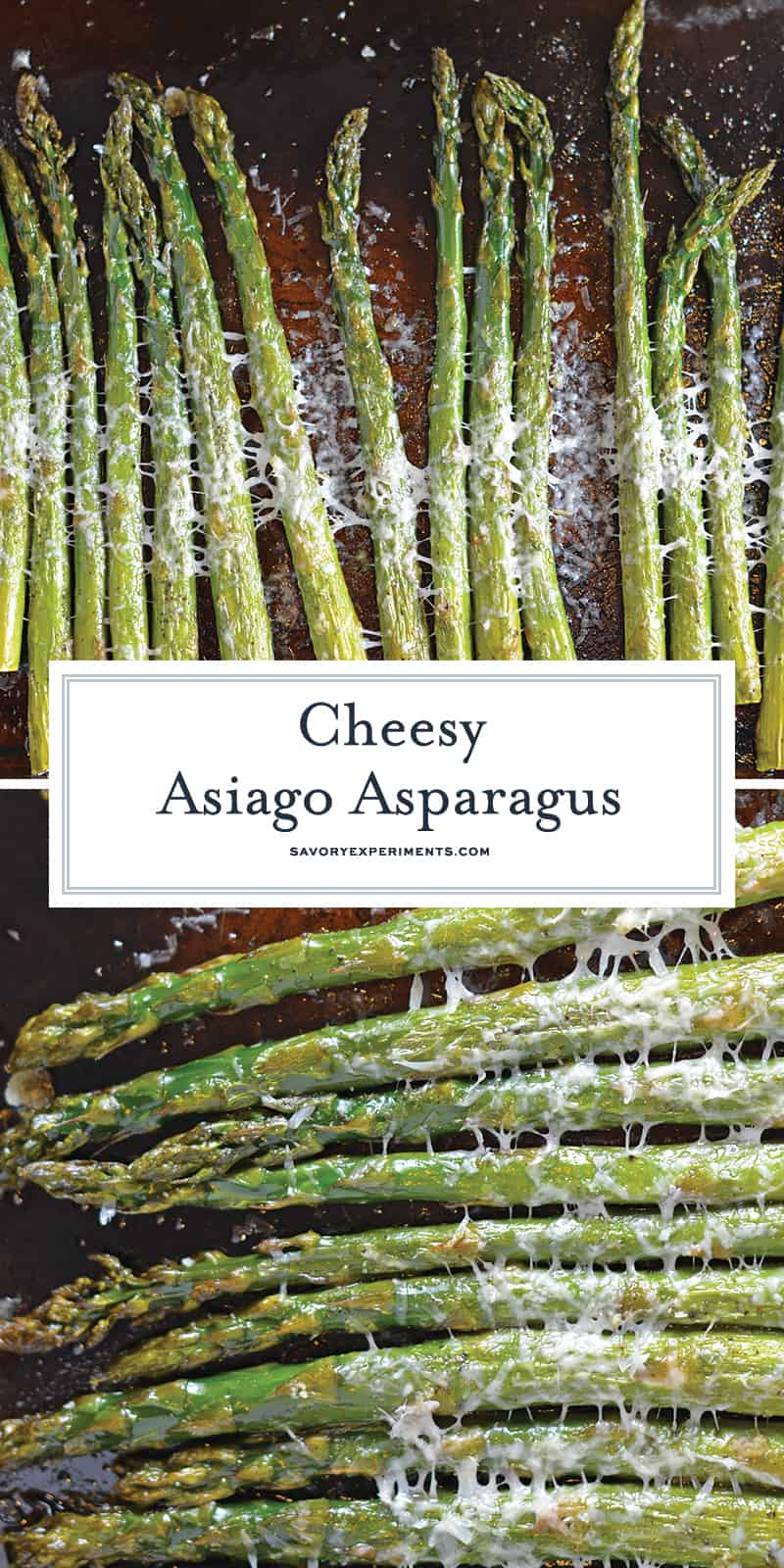 This delicious Asiago Asparagus is a quick and easy roasted asparagus recipe requiring only 4 ingredients and 15 minutes to prepare. #howtomakeasparagus #roastedasparagus www.savoryexperiments.com