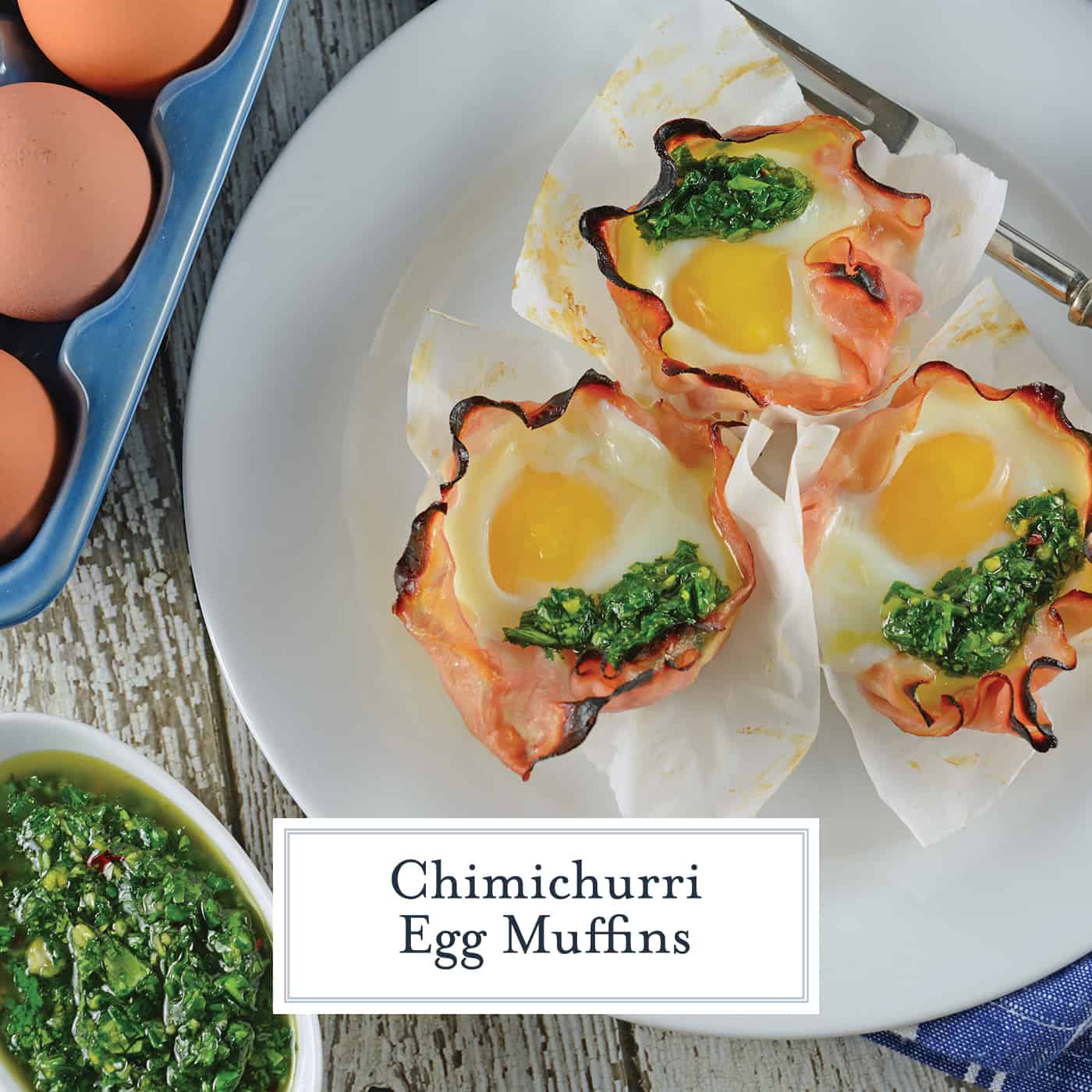 Chimichurri Egg Muffins are eggs baked in ham with a zesty chimichurri sauce made with fresh herbs and garlic. The perfect make ahead breakfast idea! #greeneggsandham #eggmuffins www.savoryexperiments.com 