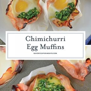 Chimichurri Egg Muffins are eggs baked in ham with a zesty chimichurri sauce made with fresh herbs and garlic. The perfect make ahead breakfast idea! #greeneggsandham #eggmuffins www.savoryexperiments.com