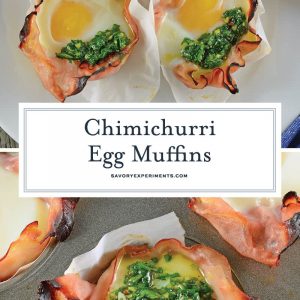 Chimichurri Egg Muffins are eggs baked in ham with a zesty chimichurri sauce made with fresh herbs and garlic. The perfect make ahead breakfast idea! #greeneggsandham #eggmuffins www.savoryexperiments.com