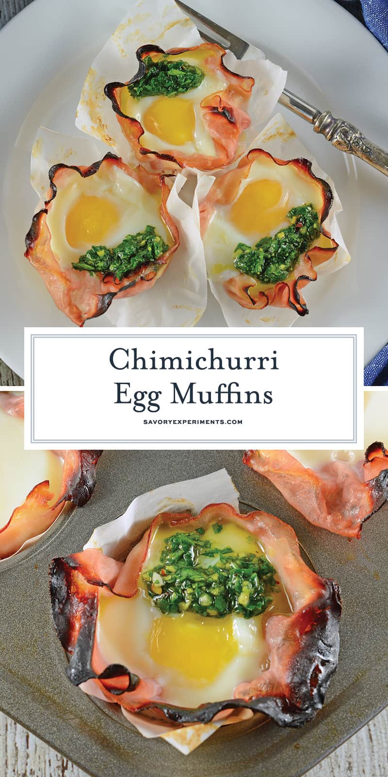 Chimichurri Egg Muffins are eggs baked in ham with a zesty chimichurri sauce made with fresh herbs and garlic. The perfect make ahead breakfast idea! #greeneggsandham #eggmuffins www.savoryexperiments.com 