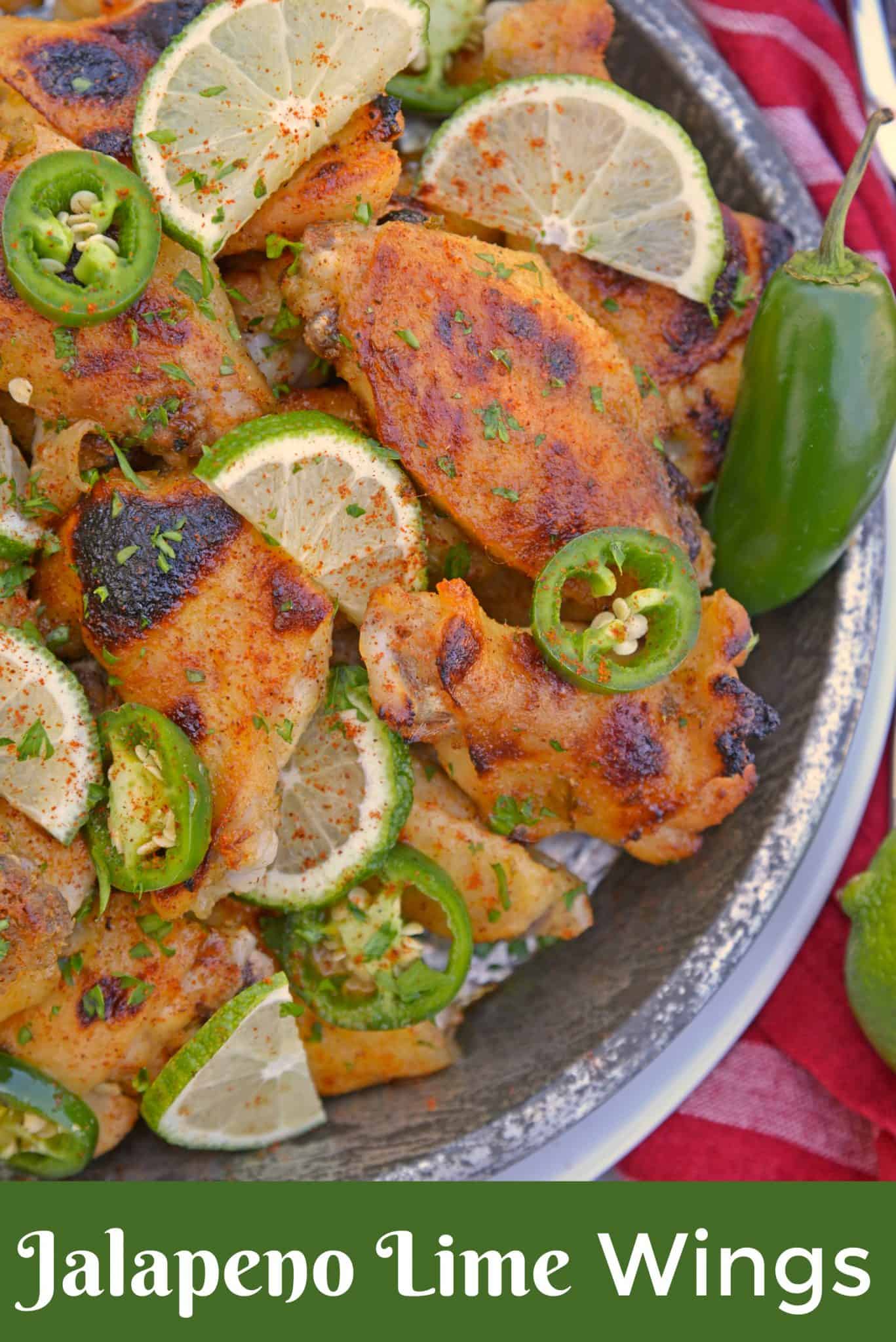 Sweet and spicy Jalapeno Lime Wings are baked wings perfect for holiday parties or watching the big game. A unique flavor everyone will love. #bakedchickenwings #chickenwingrecipes www.savoryexperiments.com