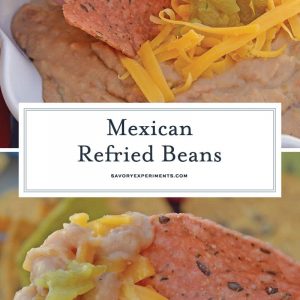 Mexican Refried Beans are an easy homemade refried bean recipe using pinto beans, green chilies, cheese and Mexican spices. Ready in just 15 minutes! #refriedbeans #mexicansidedish www.savoryexperiments.com