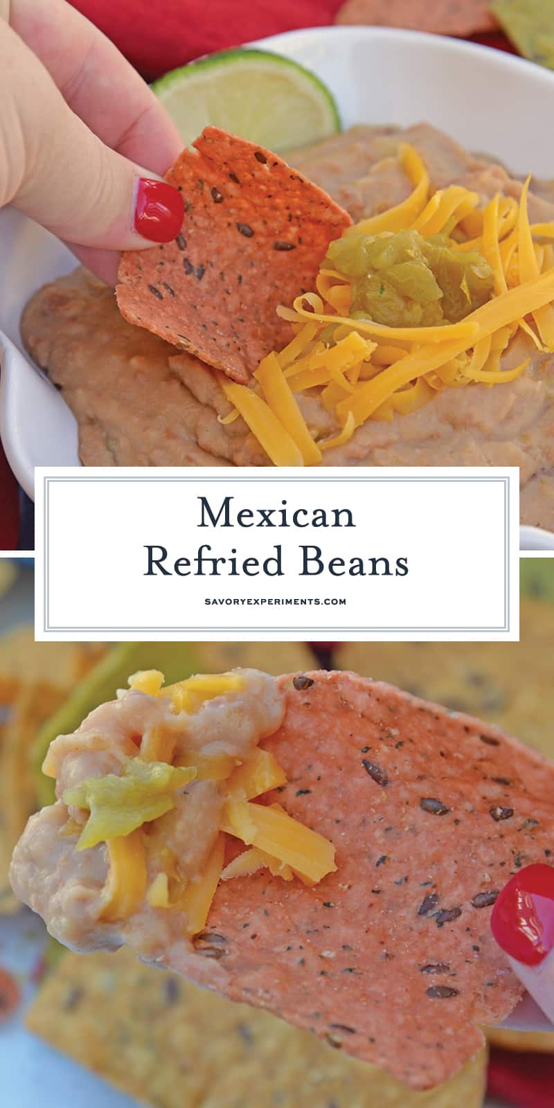 Mexican Refried Beans are an easy homemade refried bean recipe using pinto beans, green chilies, cheese and Mexican spices. Ready in just 15 minutes! #refriedbeans #mexicansidedish www.savoryexperiments.com 