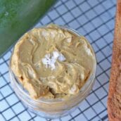 Overhead view of jar of molasses butter