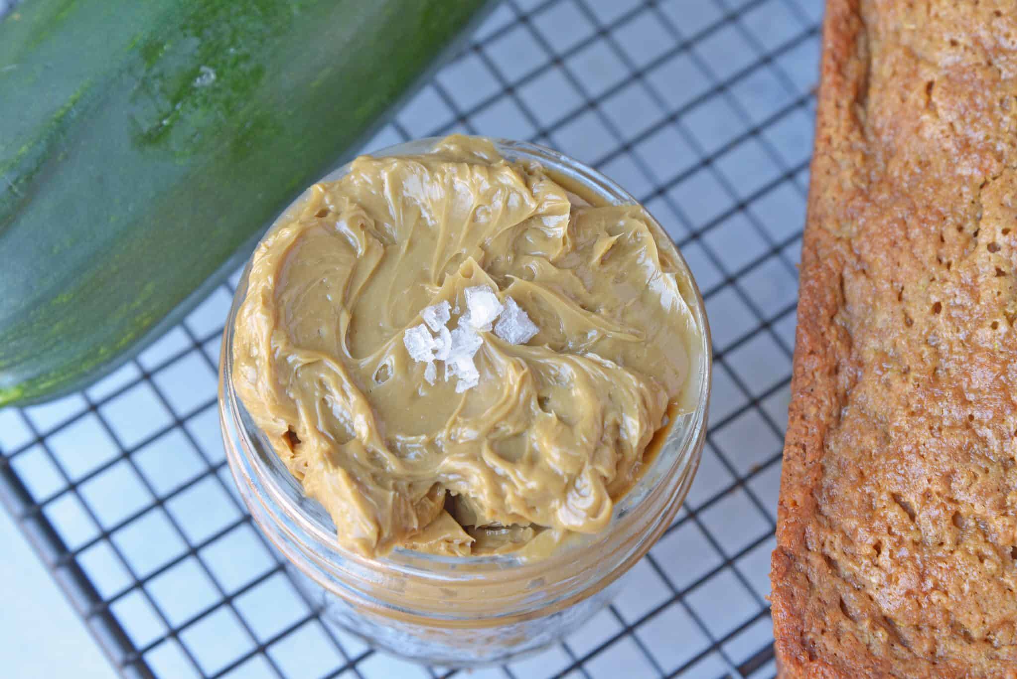 Overhead view of jar of molasses butter