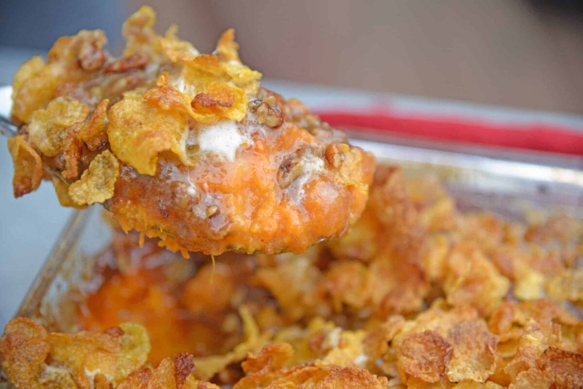 Sweet Potato Casserole with Pecans is the ultimate sweet potato souffle recipe using fresh sweet potatoes, pecan topping and marshmallows. #sweetpotatocasserole #sweetpotatosouffle www.savoryexperiments.com