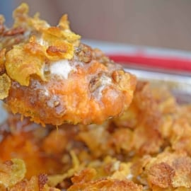 Sweet Potato Casserole with Pecans is the ultimate sweet potato souffle recipe using fresh sweet potatoes, pecan topping and marshmallows. #sweetpotatocasserole #sweetpotatosouffle www.savoryexperiments.com