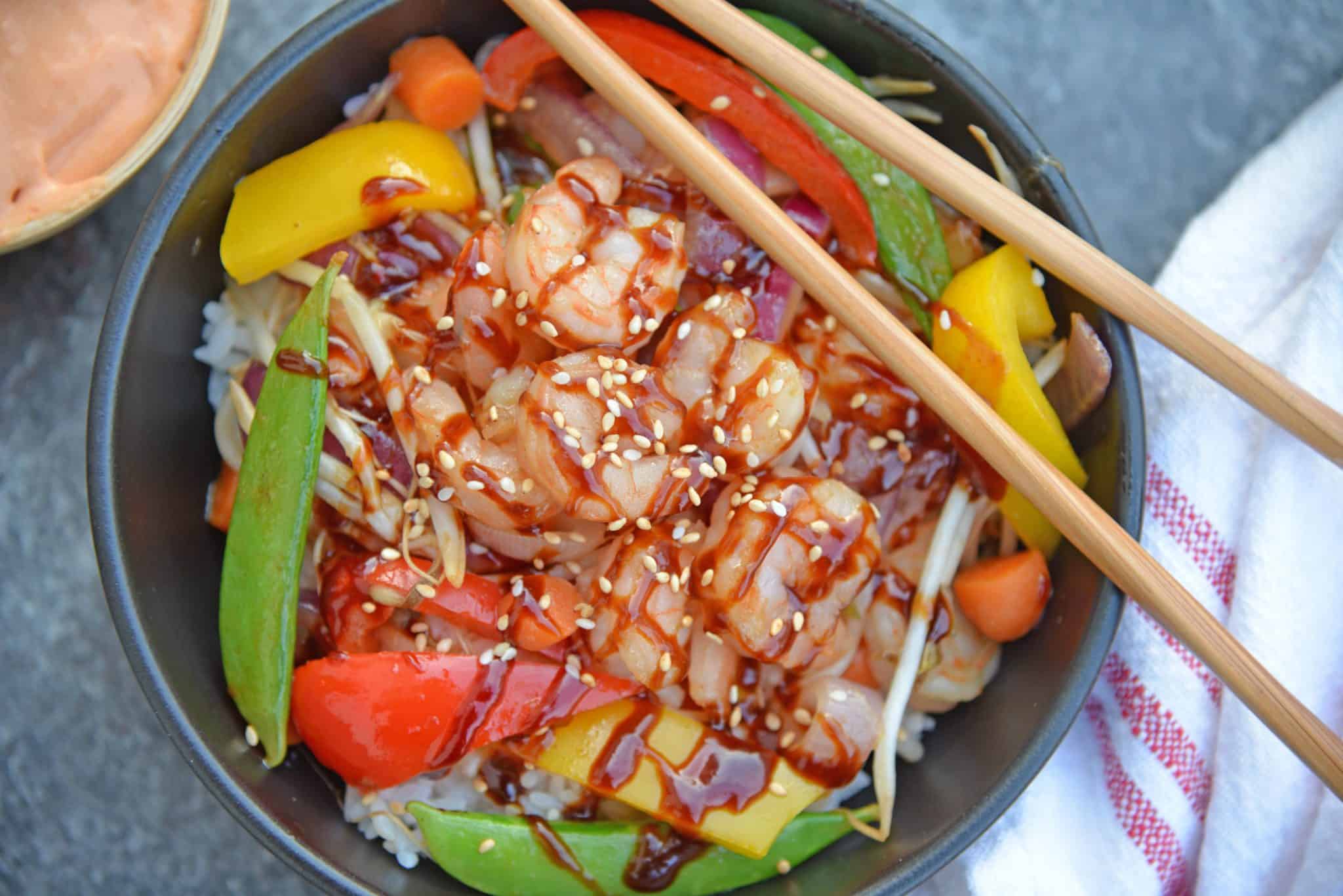 Teriyaki Shrimp Stir Fry in a black bowl 