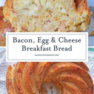 Bacon, Egg and Cheese Breakfast Bread is an easy breakfast recipe for feeding a large group. Prepare ingredients before and simply bake in the morning. #breakfastbread #easybreakfastrecipes www.savoryexperiments.com