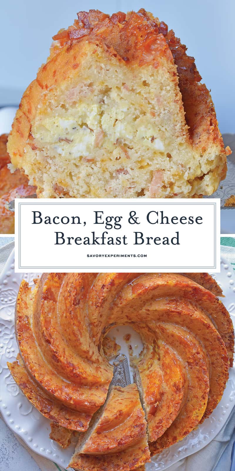 Bacon, Egg and Cheese Breakfast Bread is an easy breakfast recipe for feeding a large group. Prepare ingredients before and simply bake in the morning. #breakfastbread #easybreakfastrecipes www.savoryexperiments.com 