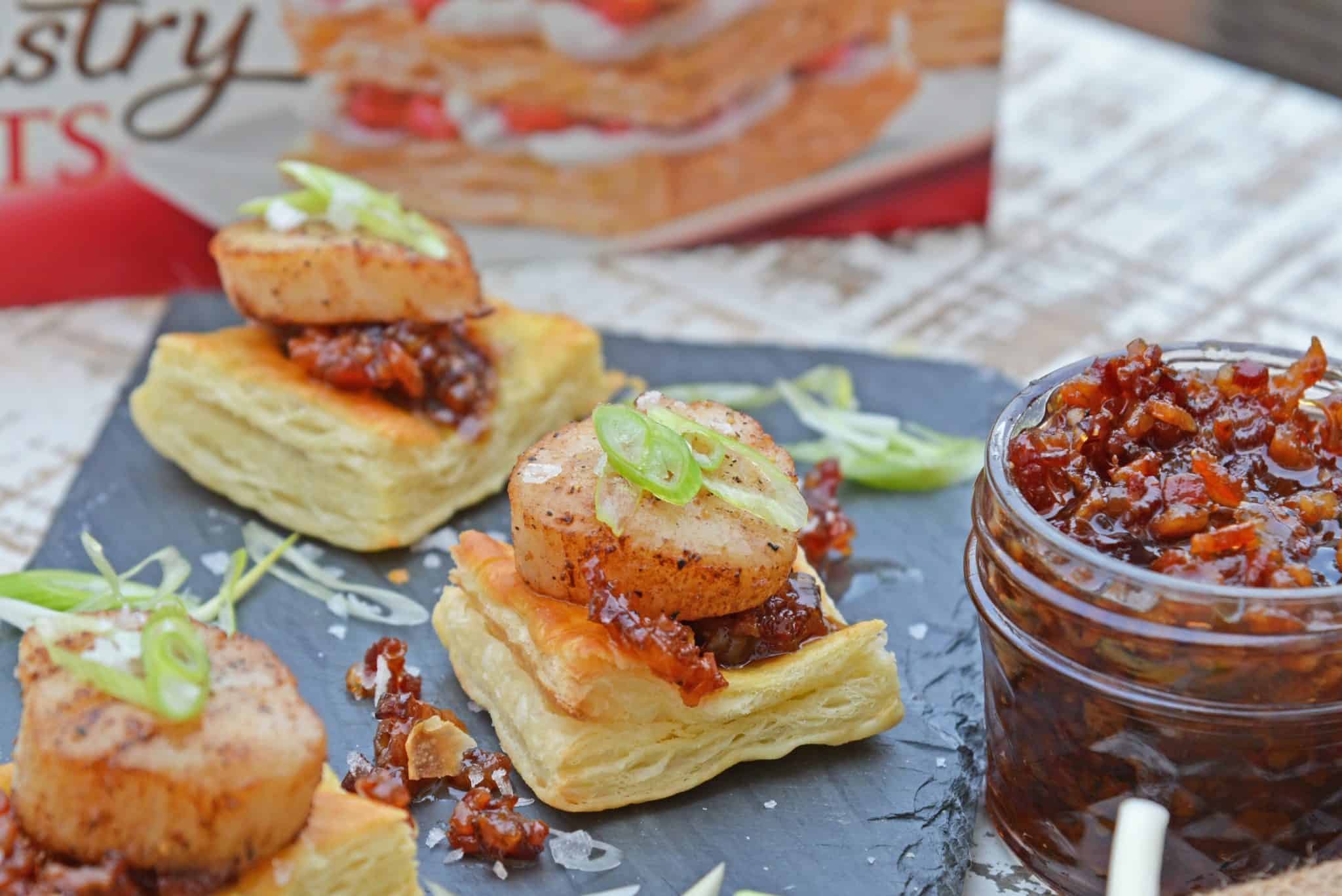 Bacon Jam Scallops are a play on classic bacon wrapped scallops, only using sweet and salty bacon jam with scallions and flaky puff pastry! #scallopappetizers #baconjam www.savoryexperiments.com