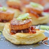 Bacon Jam Scallops are a play on classic bacon wrapped scallops, only using sweet and salty bacon jam with scallions and flaky puff pastry! #puffpastryappetizers #scallopappetizers #baconjam www.savoryexperiments.com
