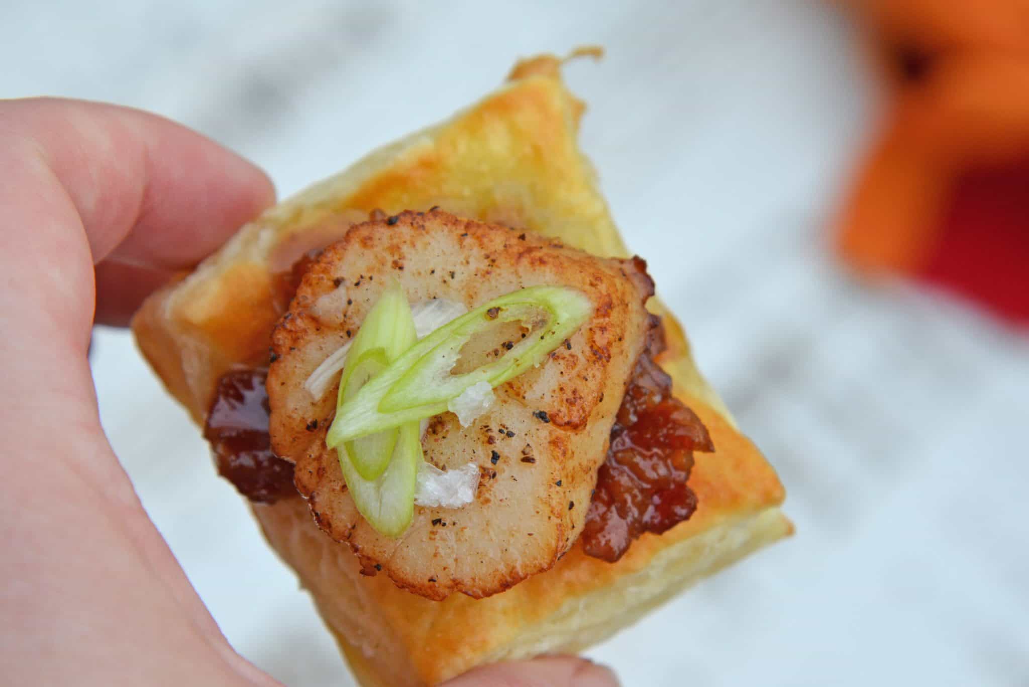 Bacon Jam Scallops are a play on classic bacon wrapped scallops, only using sweet and salty bacon jam with scallions and flaky puff pastry! #scallopappetizers #baconjam www.savoryexperiments.com