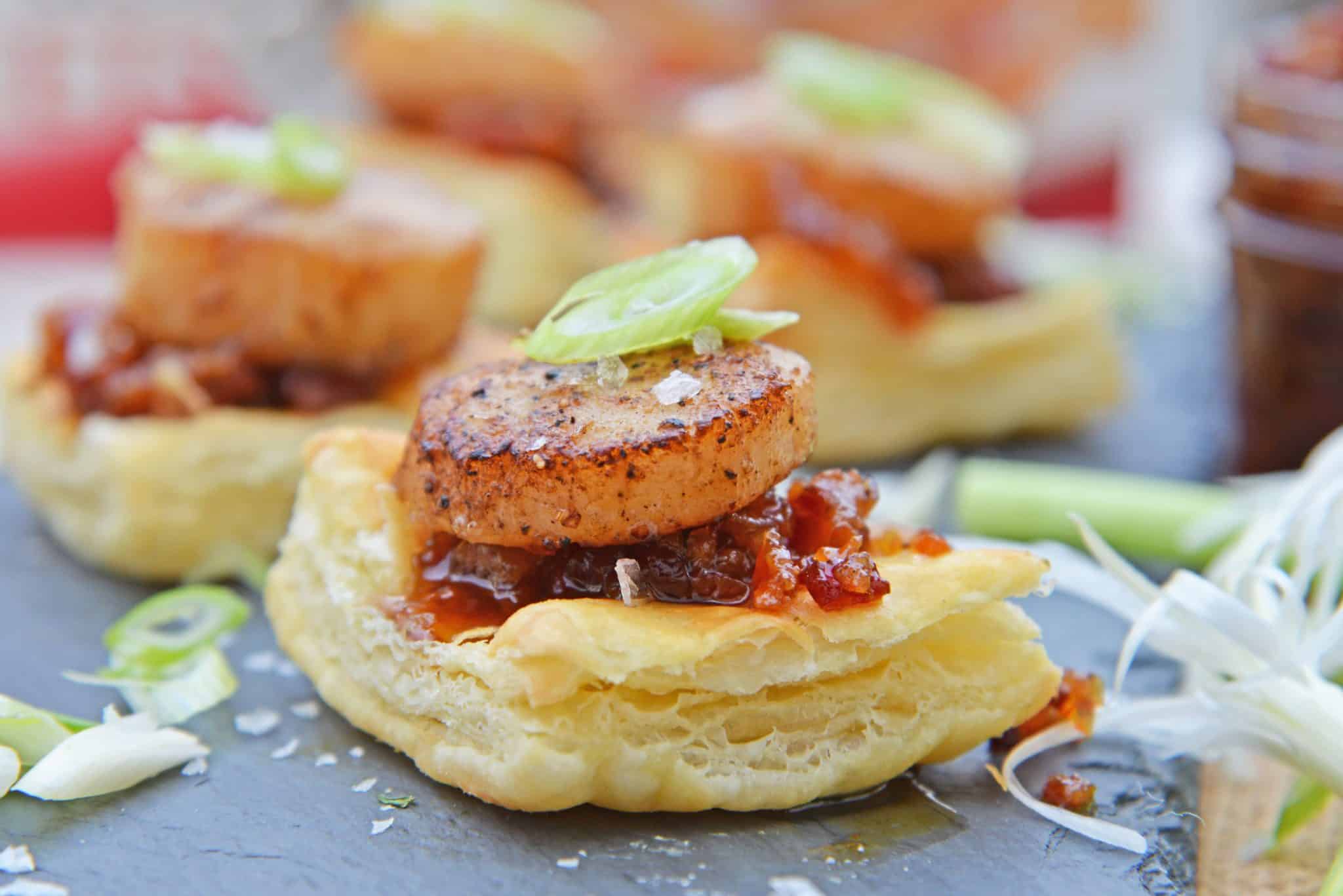 Bacon Jam Scallops are a play on classic bacon wrapped scallops, only using sweet and salty bacon jam with scallions and flaky puff pastry! #puffpastryappetizers #scallopappetizers #baconjam www.savoryexperiments.com