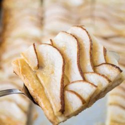 slice of pear tart on spatula