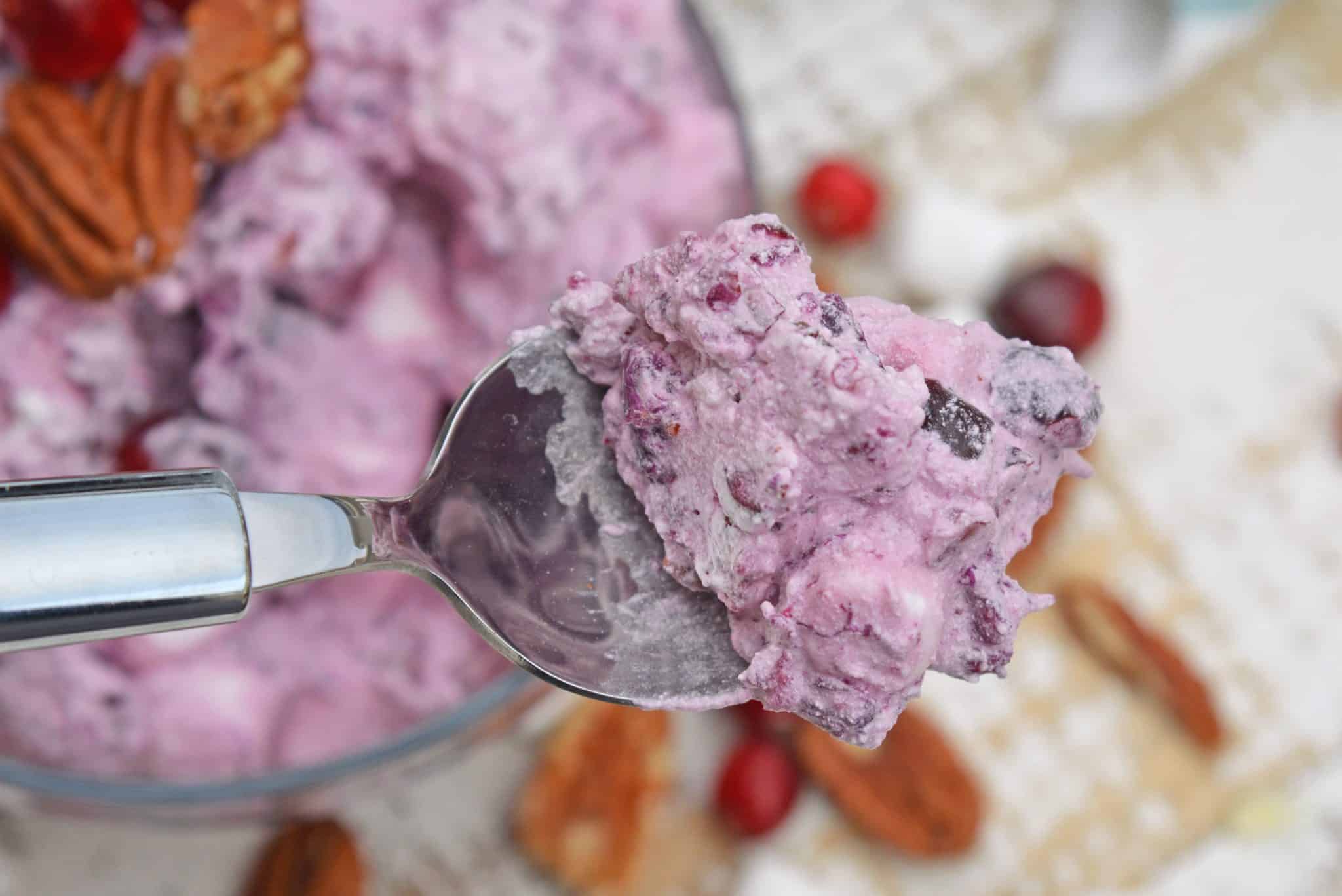 Fruit Fluff Salad is a classic side dish for the holidays combining Cherry Fluff, Pineapple Fluff and Cranberry Fluff Salad into one! #fruitfluffsalad #fluffsaladrecipe www.savoryexperiments.com 