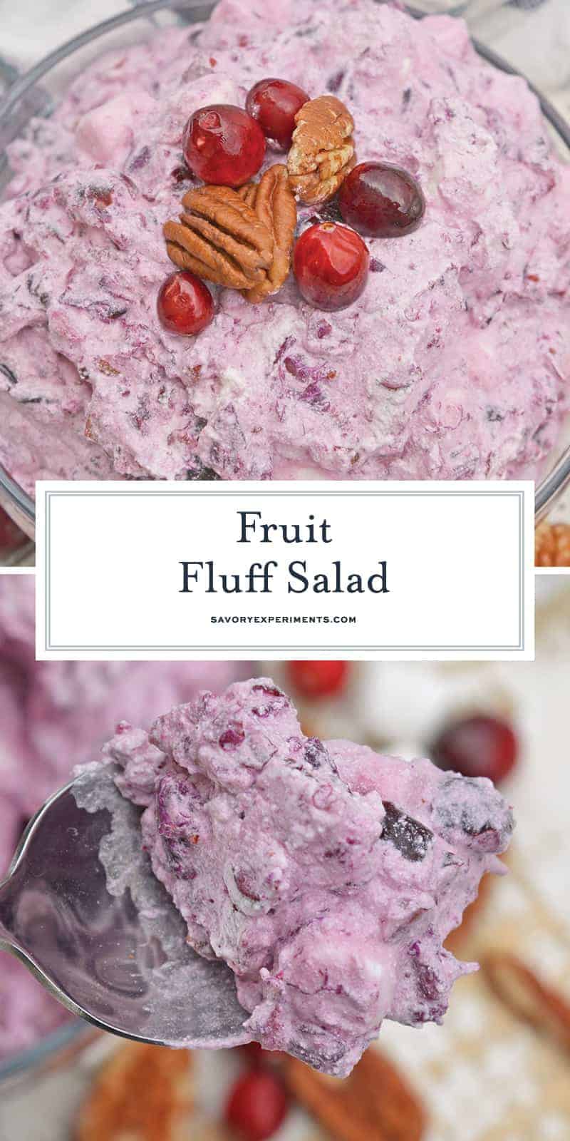 Fruit Fluff Salad is a classic side dish for the holidays combining Cherry Fluff, Pineapple Fluff and Cranberry Fluff Salad into one! #fruitfluffsalad #fluffsaladrecipe www.savoryexperiments.com 