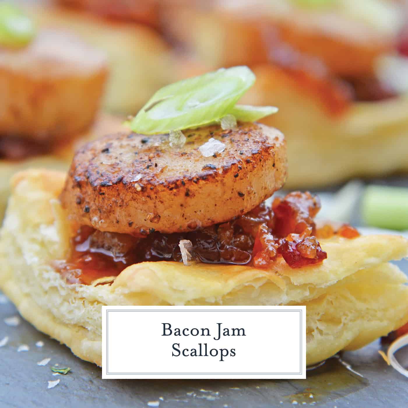 Bacon Jam Scallops are a play on classic bacon wrapped scallops, only using sweet and salty bacon jam with scallions and flaky puff pastry! #puffpastryappetizers #scallopappetizers #baconjam www.savoryexperiments.com