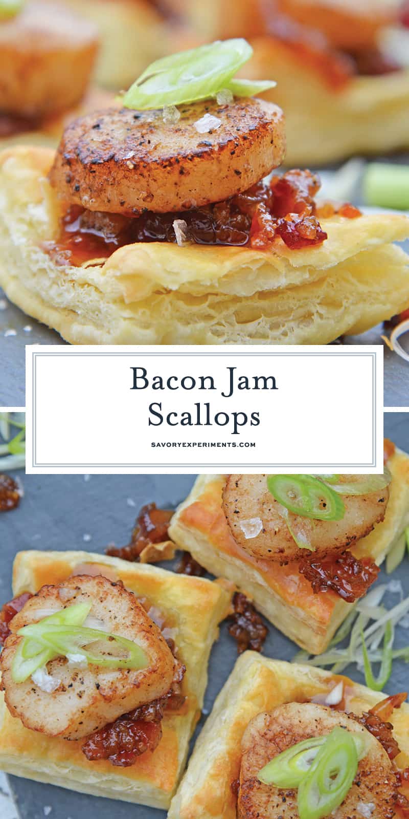 Bacon Jam Scallops are a play on classic bacon wrapped scallops, only using sweet and salty bacon jam with scallions and flaky puff pastry! #puffpastryappetizers #scallopappetizers #baconjam www.savoryexperiments.com