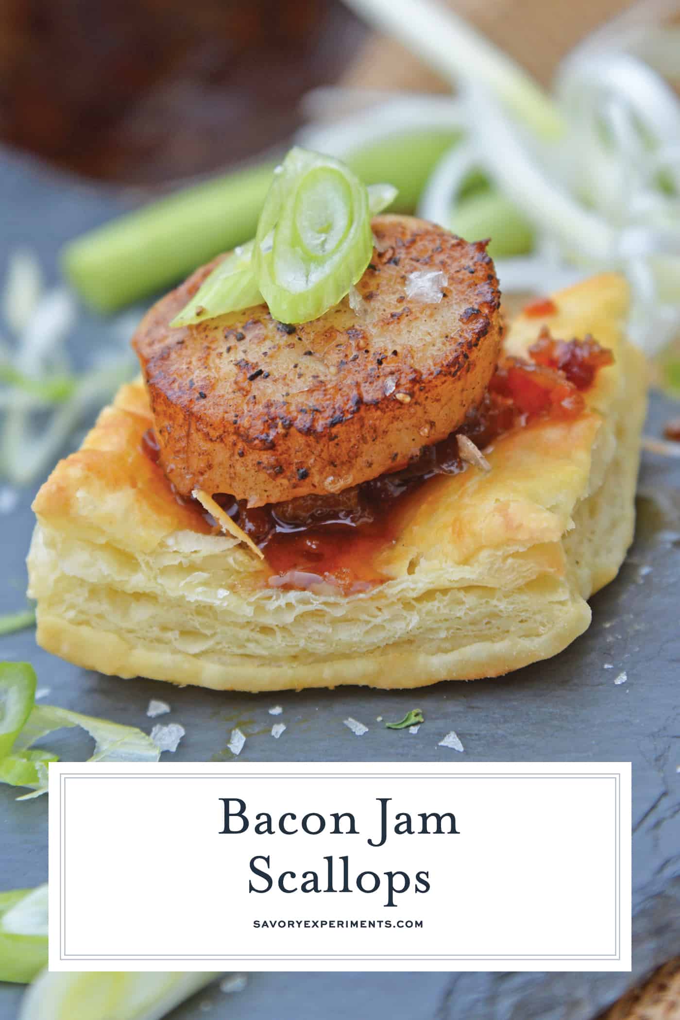 Bacon Jam Scallops are a play on classic bacon wrapped scallops, only using sweet and salty bacon jam with scallions and flaky puff pastry! #puffpastryappetizers #scallopappetizers #baconjam www.savoryexperiments.com