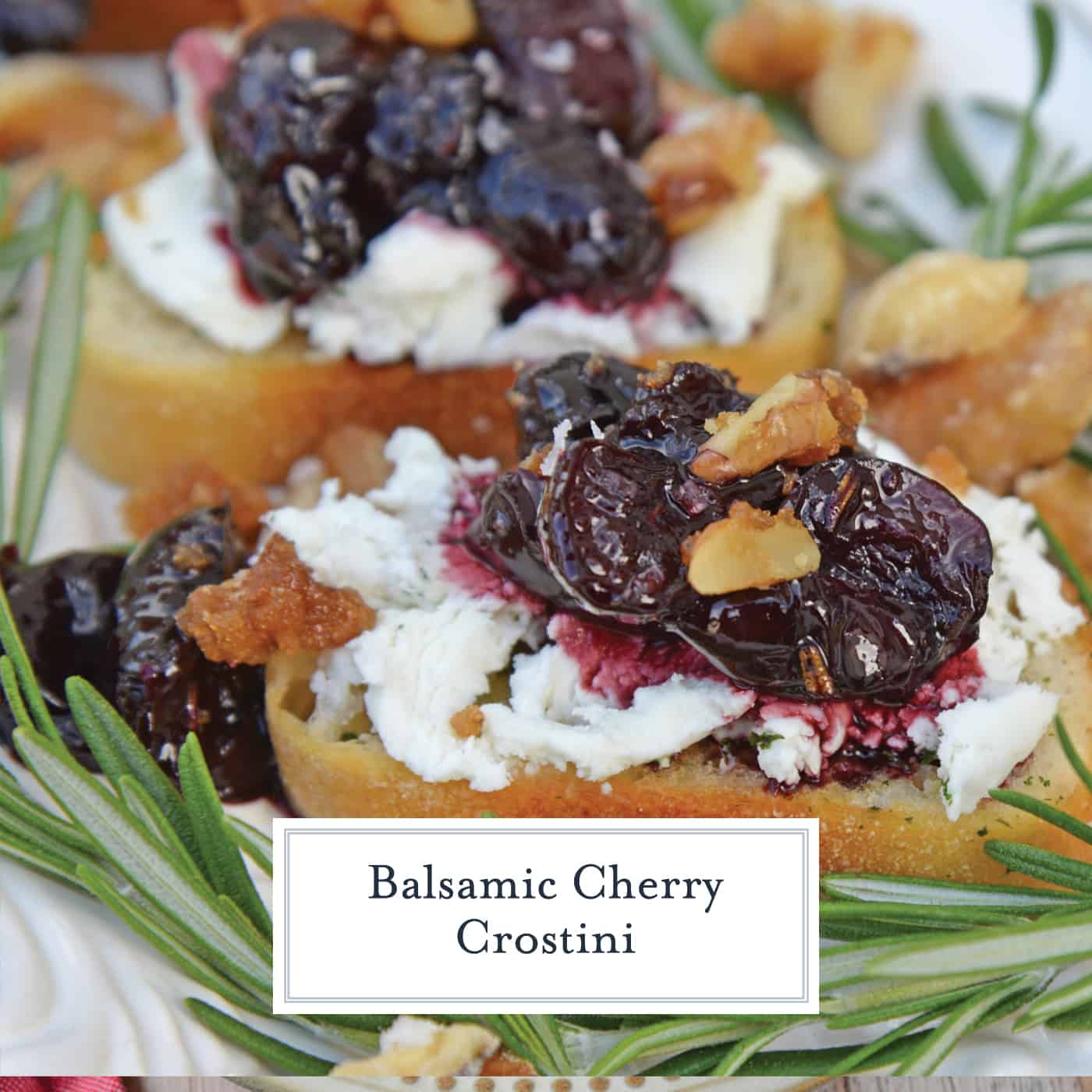 Balsamic Cherry Crostini are an easy appetizer using goat cheese and a tangy cherry balsamic reduction. The perfect holiday appetizer recipe! #crostinirecipes #goatcheeserecipes #easyappetizerrecipes www.savoryexperiments.com