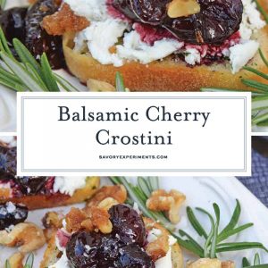 Balsamic Cherry Crostini are an easy appetizer using goat cheese and a tangy cherry balsamic reduction. The perfect holiday appetizer recipe! #crostinirecipes #goatcheeserecipes #easyappetizerrecipes www.savoryexperiments.com