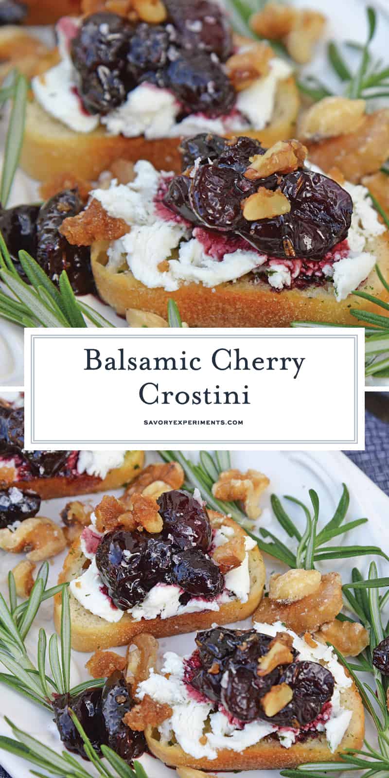Balsamic Cherry Crostini are an easy appetizer using goat cheese and a tangy cherry balsamic reduction. The perfect holiday appetizer recipe! #crostinirecipes #goatcheeserecipes #easyappetizerrecipes www.savoryexperiments.com