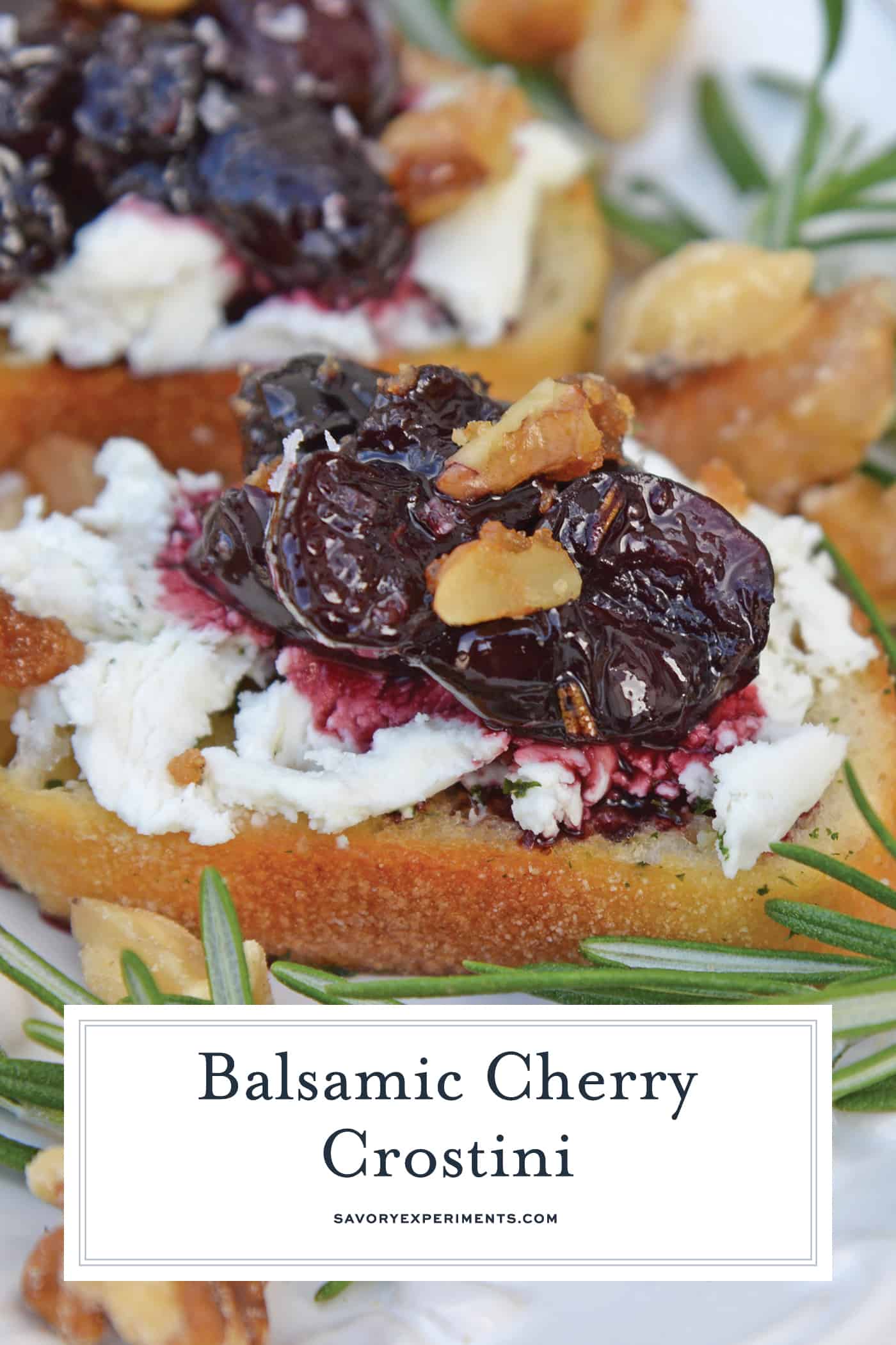 Balsamic Cherry Crostini are an easy appetizer using goat cheese and a tangy cherry balsamic reduction. The perfect holiday appetizer recipe! #crostinirecipes #goatcheeserecipes #easyappetizerrecipes www.savoryexperiments.com