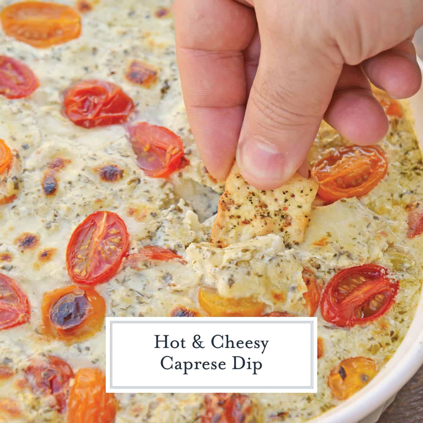 Hot Caprese Dip is a party appetizer favorite using mozzarella, pesto and sweet tomatoes. An easy appetizer your guests will love! #capresedip #capresesalad #partyappetizers www.savoryexperiments.com 