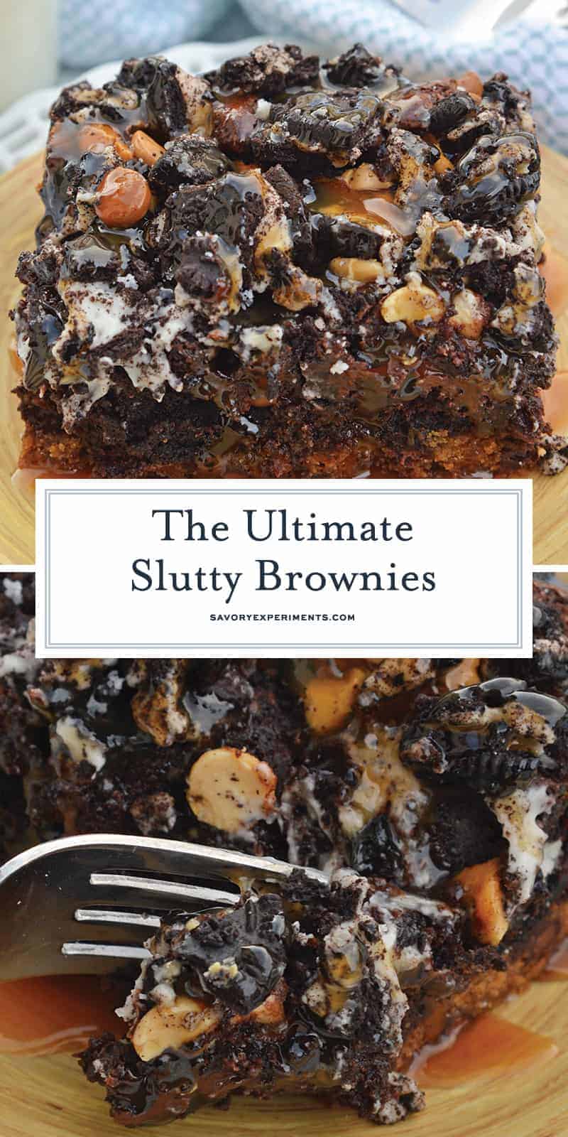 The Ultimate Slutty Brownies are layers of chocolate chip cookie dough, brownie, Oreo cookies, caramel and sea salt. The perfect decadent, sweet and salty easy dessert recipe. #sluttybrownies #bestbrownierecipe #homemadebrownies www.savoryexperiments.com
