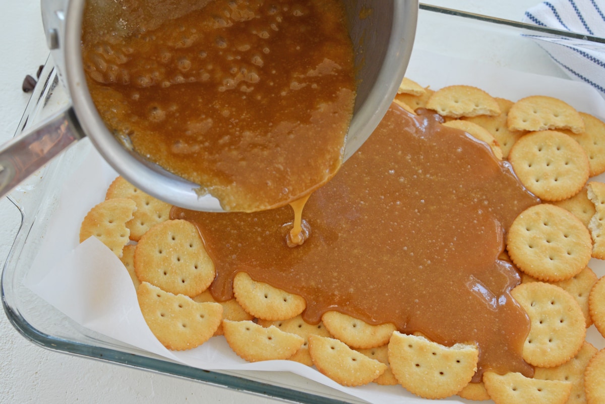 Christmas Crack Easy Butter Toffee on Ritz Crackers