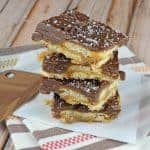 Easy Butter Toffee is a classic toffee on top of crunchy, delicious Ritz crackers. Make this classic holiday treat in just 20 minutes using 5 ingredients! #toffeerecipe #saltinetoffee www.savoryexperiments.com