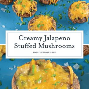Creamy Jalapeno Stuffed Mushrooms are an easy jalapeno popper make ahead recipe using cream cheese and fresh jalapenos. The perfect party appetizer! #stuffedmushrooms #jalapenopopperrecipes #makeaheadappetizers www.savoryexperiments.com