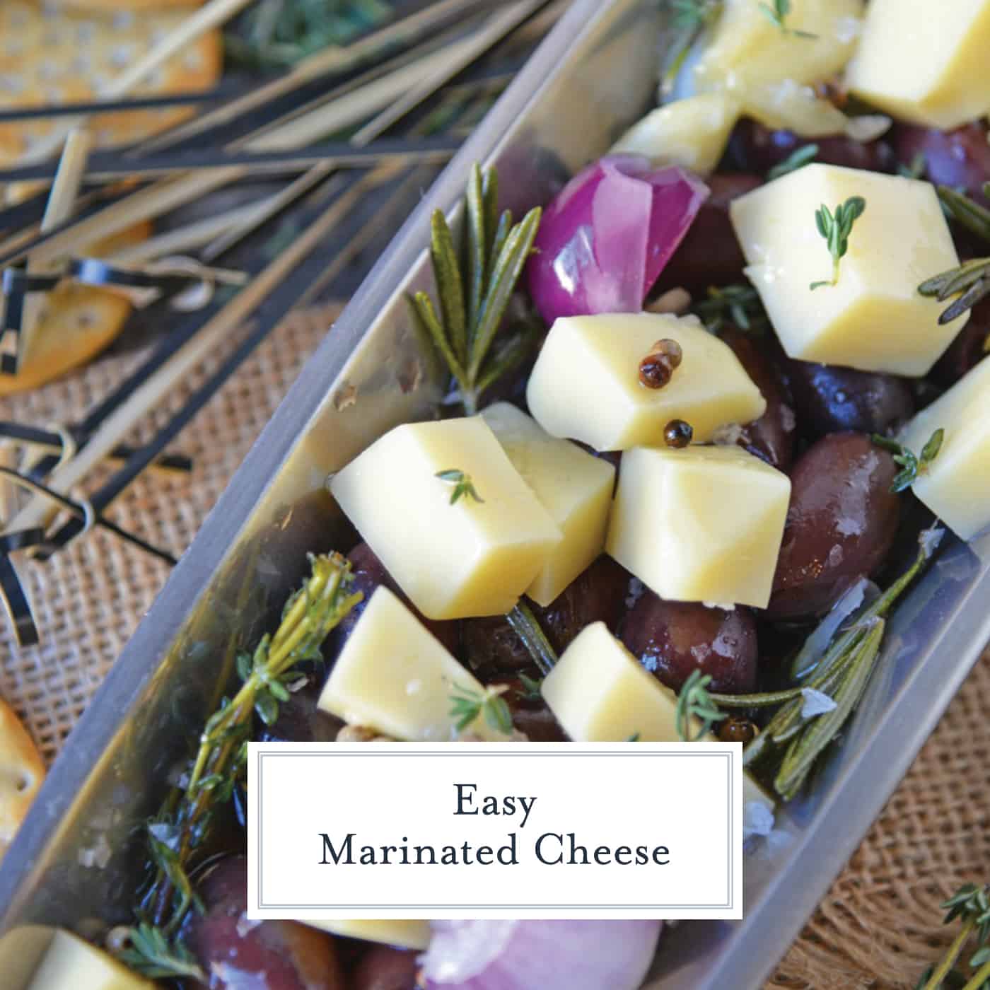 Marinated Cheese is the perfect hostess or homemade holiday gift. Simple and tasty, it also makes an easy party appetizer! #marinatedcheese #easypartyappetizers #homemadegifts www.savoryexperiments.com 