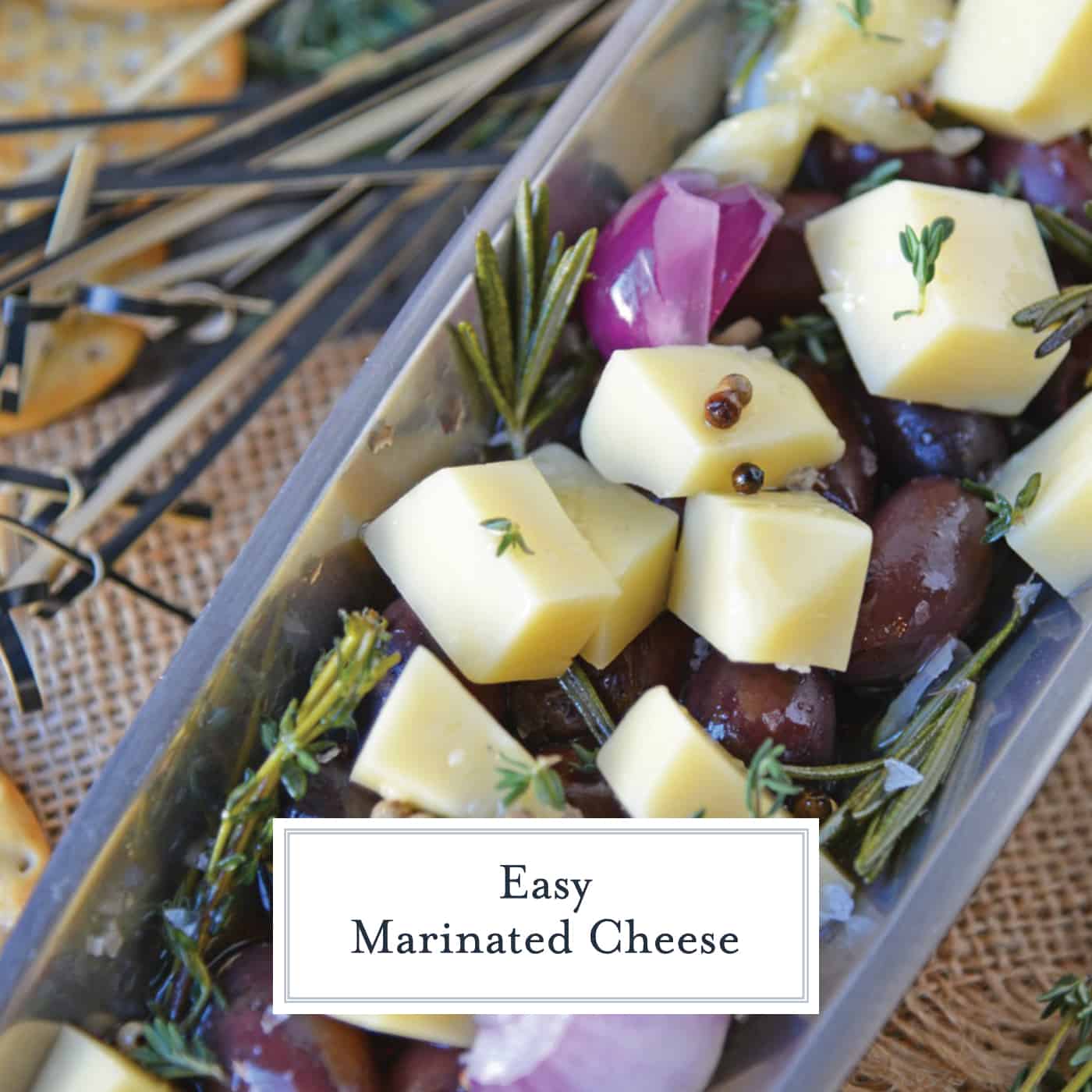 Marinated Cheese is the perfect hostess or homemade holiday gift. Simple and tasty, it also makes an easy party appetizer! #marinatedcheese #easypartyappetizers #homemadegifts www.savoryexperiments.com