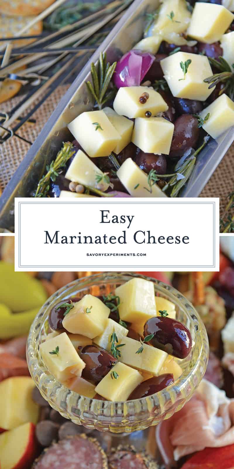 Marinated Cheese is the perfect hostess or homemade holiday gift. Simple and tasty, it also makes an easy party appetizer! #marinatedcheese #easypartyappetizers #homemadegifts www.savoryexperiments.com 