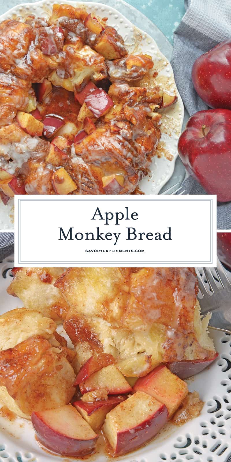 Apple Monkey Bread is an easy monkey bread with canned biscuits and fresh apples. A winning brunch and breakfast recipe for special occasions. #monkeybreadrecipe #easymonkeybread www.savoryexperiments.com