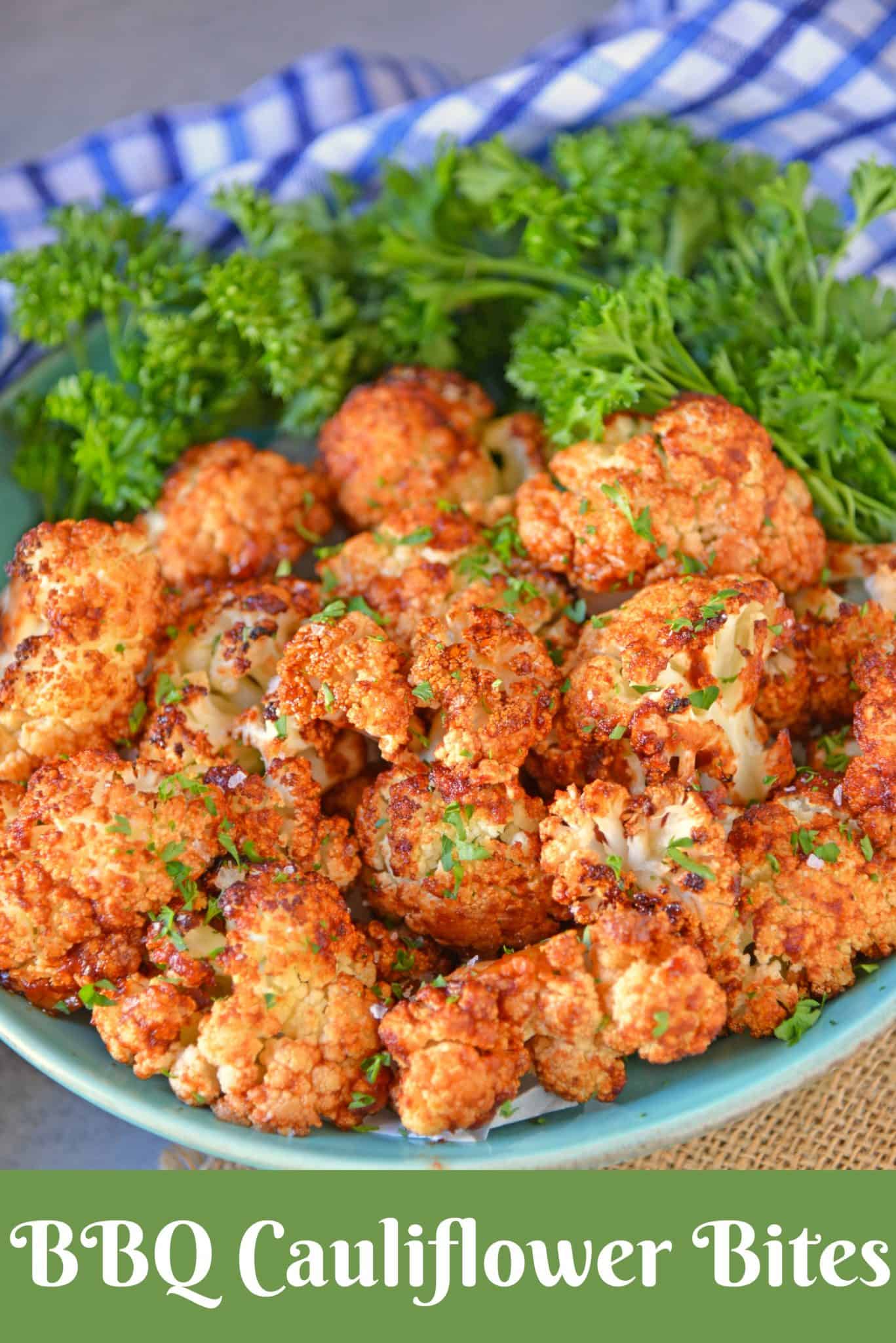 BBQ Cauliflower Bites make a healthy and quick appetizer or side. Make them zesty, tangy or even sweet! #cauliflowerrecipes #bbqcauliflowerbites www.savoryexperiments.com