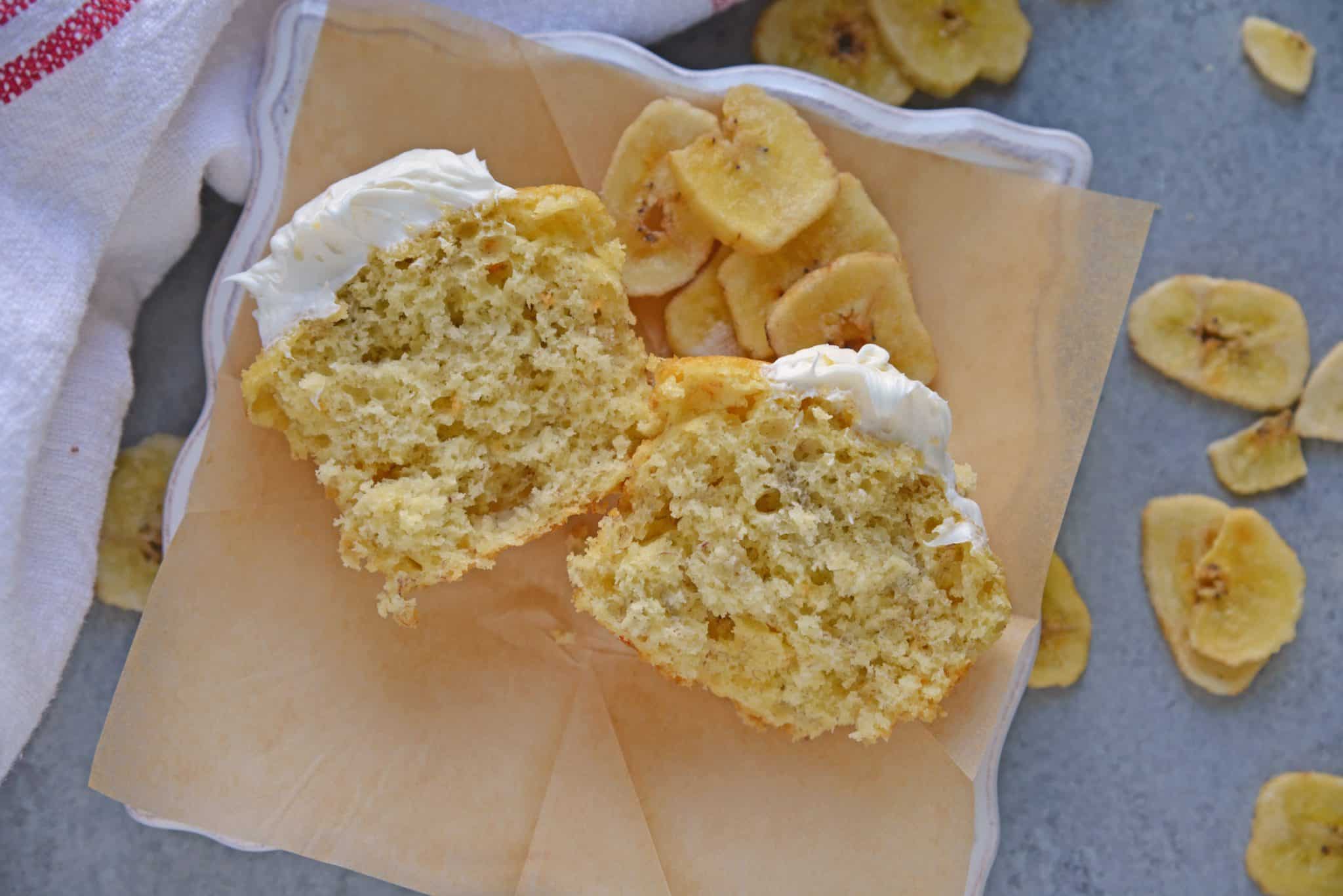 Five Ingredient Banana Cupcakes are a fabulous alternative to making banana bread with overly ripe bananas. This easy cupcake recipe will blow your mind! #easycupcakerecipes #bananacupcakes #bananarecipes www.savoryexperiments.com