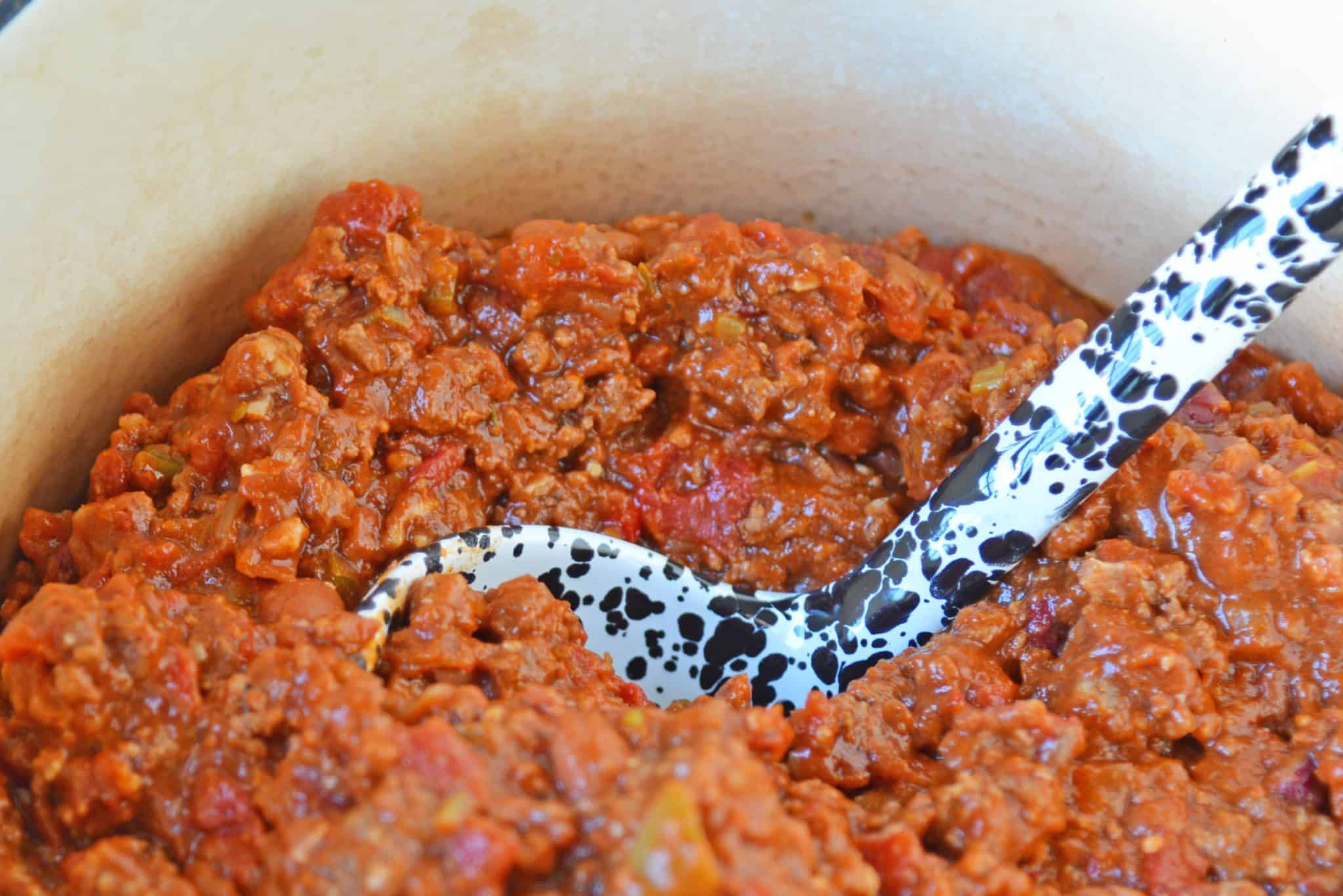 Blue Ribbon Award Winning Chili is, you guessed it, a chili cook-off winning recipe! A robust and rich stew loaded with beef, sausage, bacon and tons of vegetables. The best chili recipe ever! #awardwinningchili #bestchilirecipe www.savoryexperiments.com 