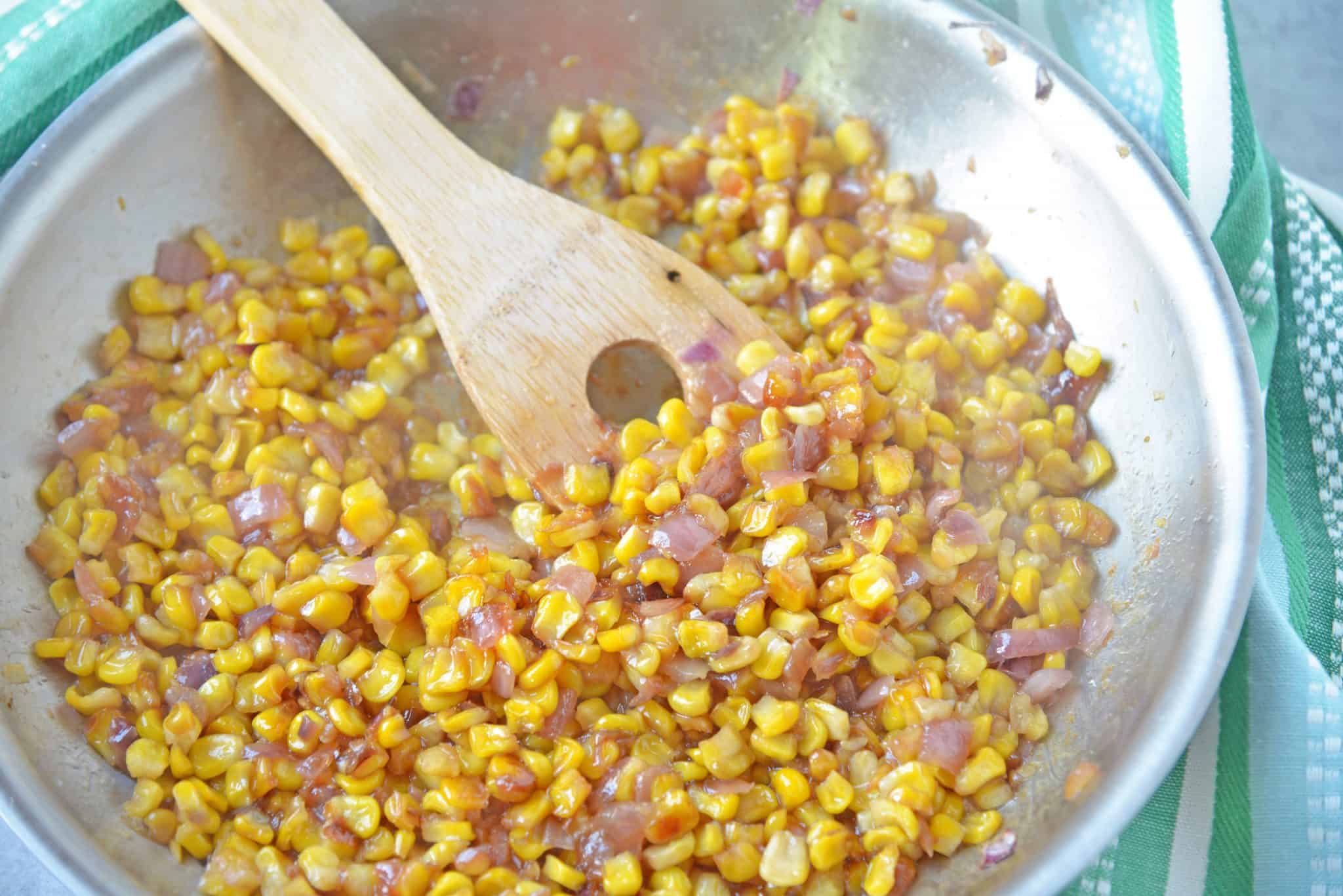 Southern Fried Corn is a simple southern recipe caramelizing corn and onions for a sweet side dish or taco filling! #friedcorn #cornrecipes #easysidedishes www.savoryexperiments.com