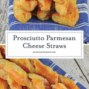 Prosciutto Parmesan Cheese Straws are made with just a few ingredients and 10 minutes in the oven! An easy appetizer for all occasions. #cheesestraws #puffpastrybreadsticks www.savoryexperiments.com